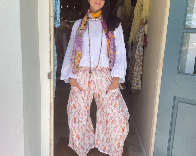 Fish block print cotton voile lagenlook pant