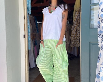 Grass green stripe  soft  cotton lagenlook pant