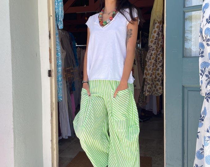 Grass green stripe  soft  cotton lagenlook pant