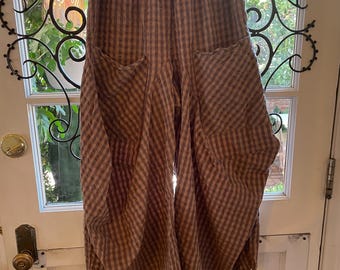 Taupe and clay gingham seersucker  soft  cotton lagenlook pant