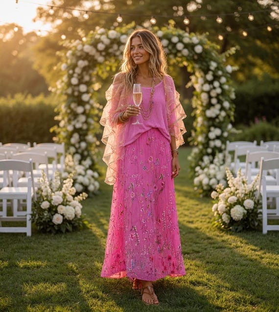 Silk embroidered  one size  skirt with elastic waist in pink