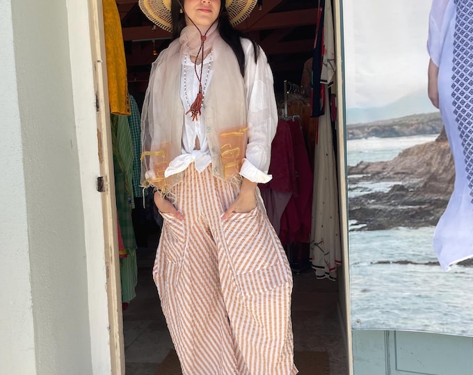 Sand stripe  soft  seersucker cotton lagenlook pant