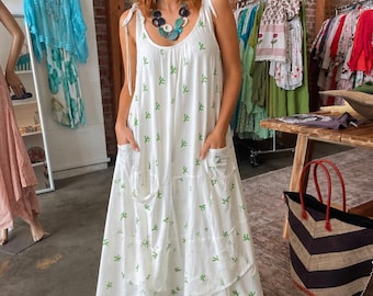 Cactus print cotton sundress with pockets in one size