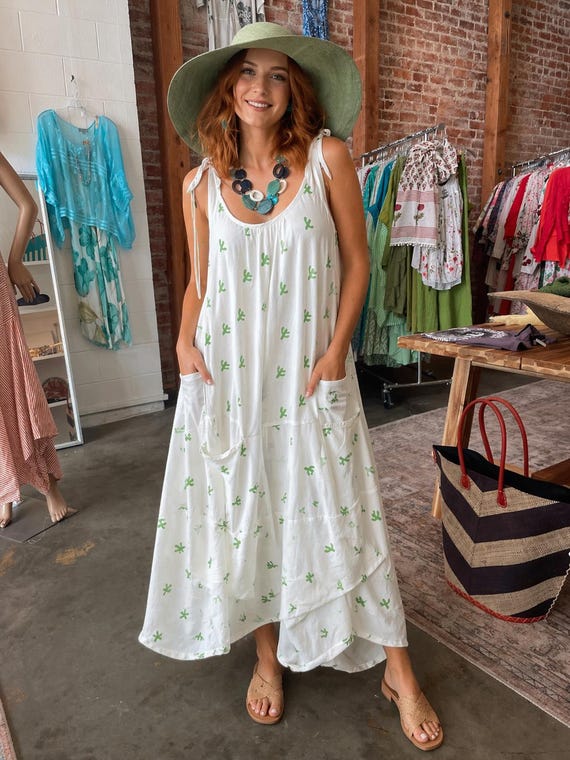 Cactus print cotton sundress with pockets in one size