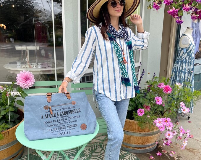 Classic Boyfriend shirt in medium weight linen/cotton nautical stripe