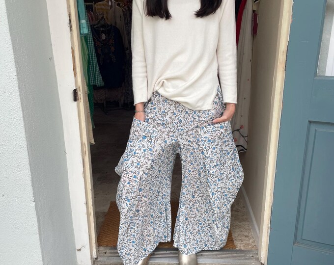 Blue floral block print cotton voile lagenlook pant