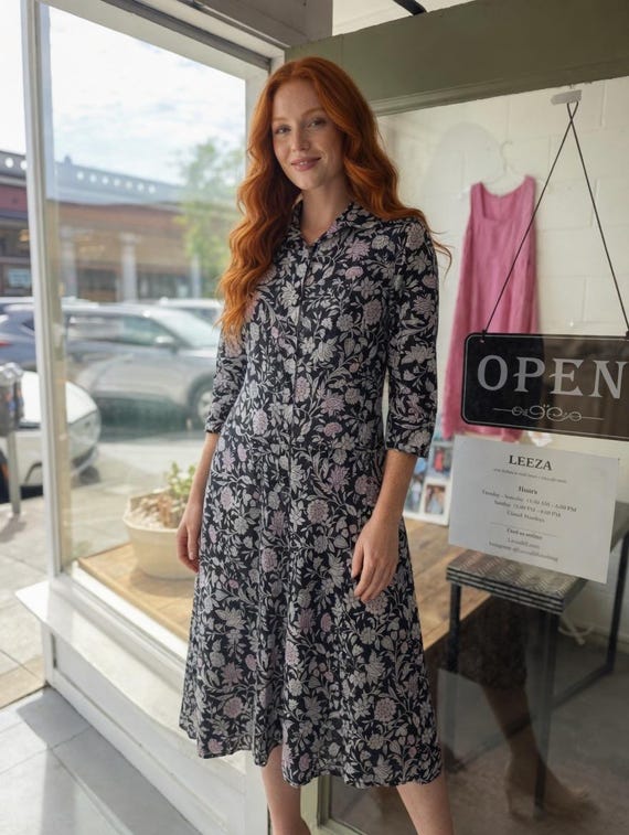 Black and pink floral cotton simple uncomplicated housedress with pockets