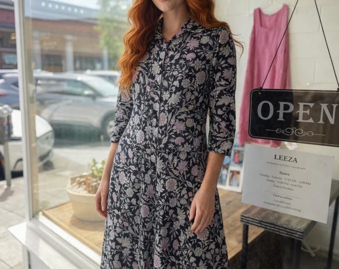 Black and pink floral cotton simple uncomplicated housedress with pockets