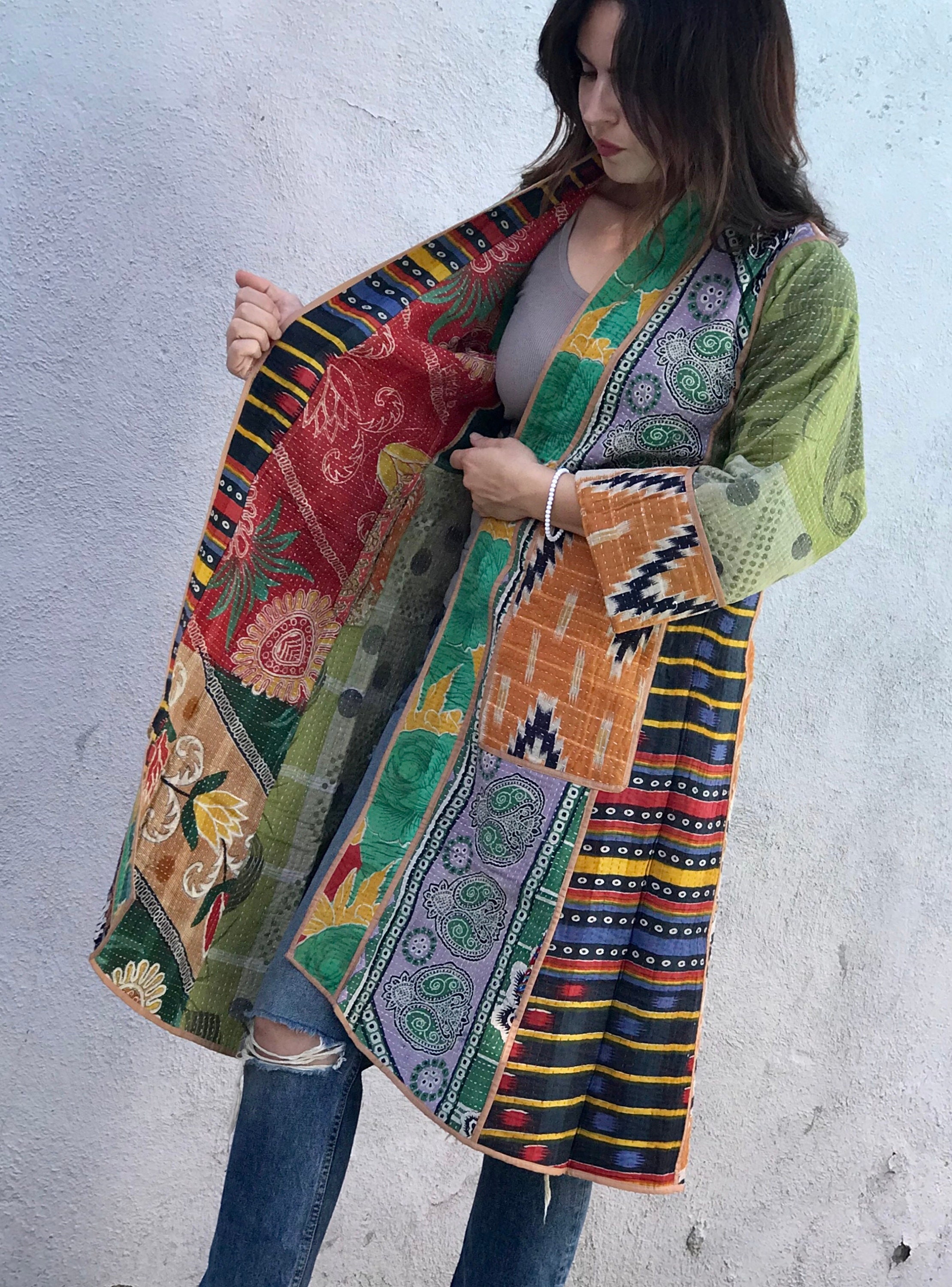 Long designer reversible cotton kantha coat