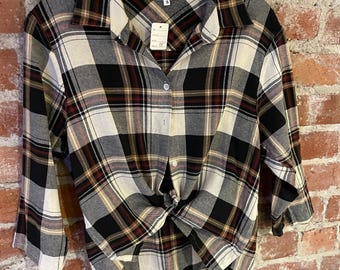 Brown flannel plaid cropped button down shirt