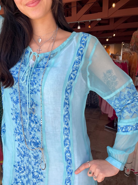 Turquoise blue embroidered tunic in sheer viscose