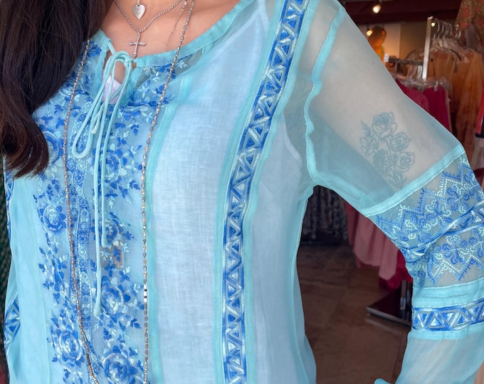 Turquoise blue embroidered tunic in sheer viscose
