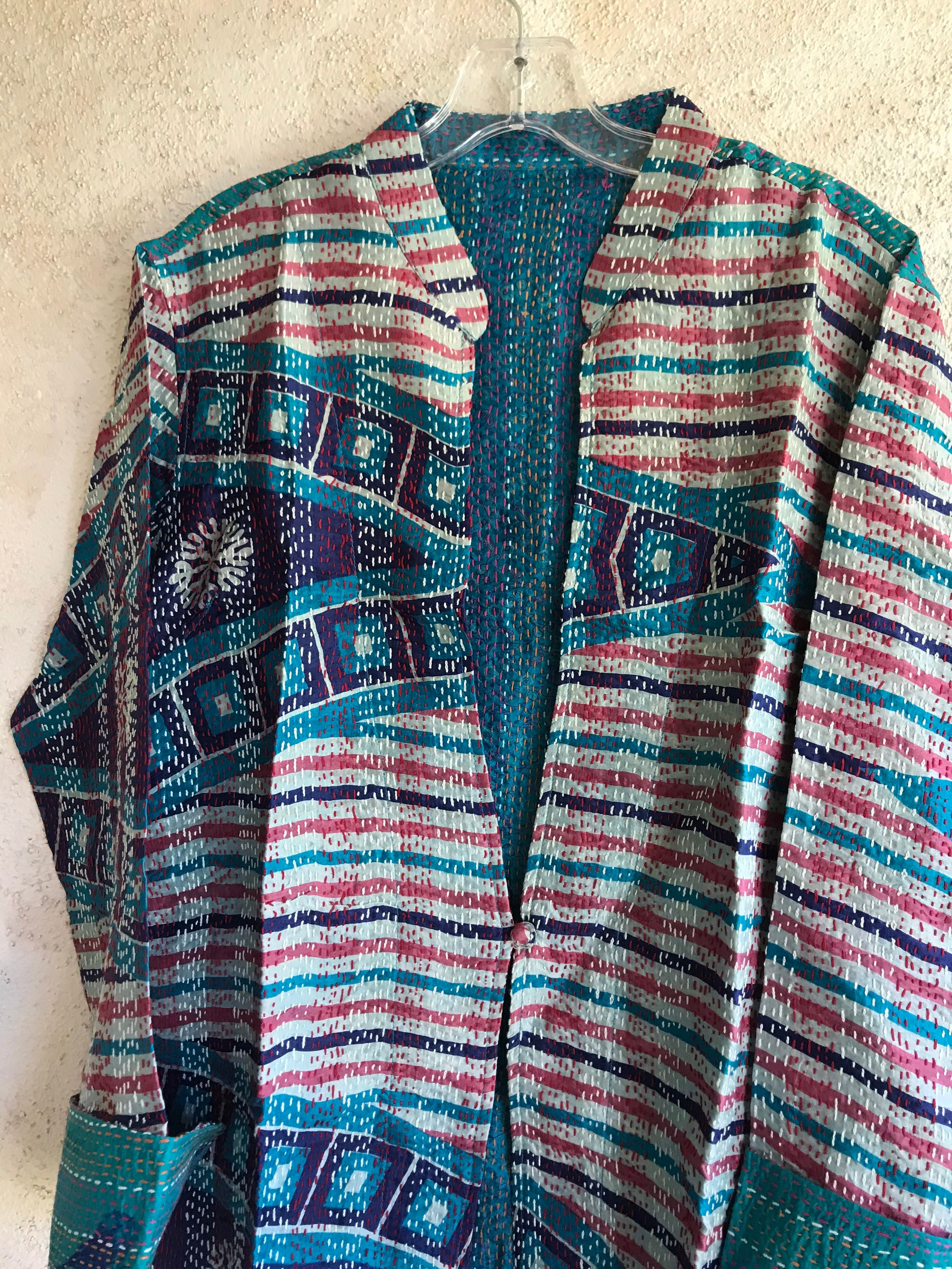 Watercolor windows one button reversible silk kantha jacket