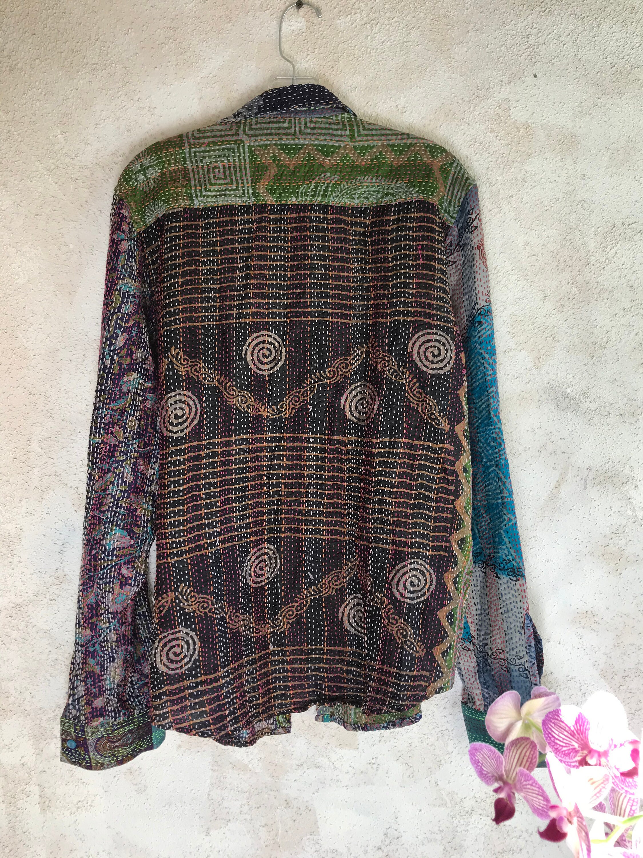 ARTISTS button down one of a kind reversible silk upcycled kantha shirt