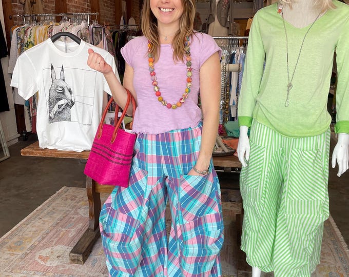 Turquoise plaid soft  cotton lagenlook pant