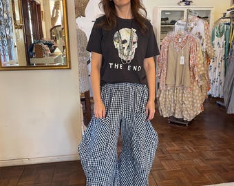 Navy and grey gingham seersucker  soft  cotton lagenlook pant