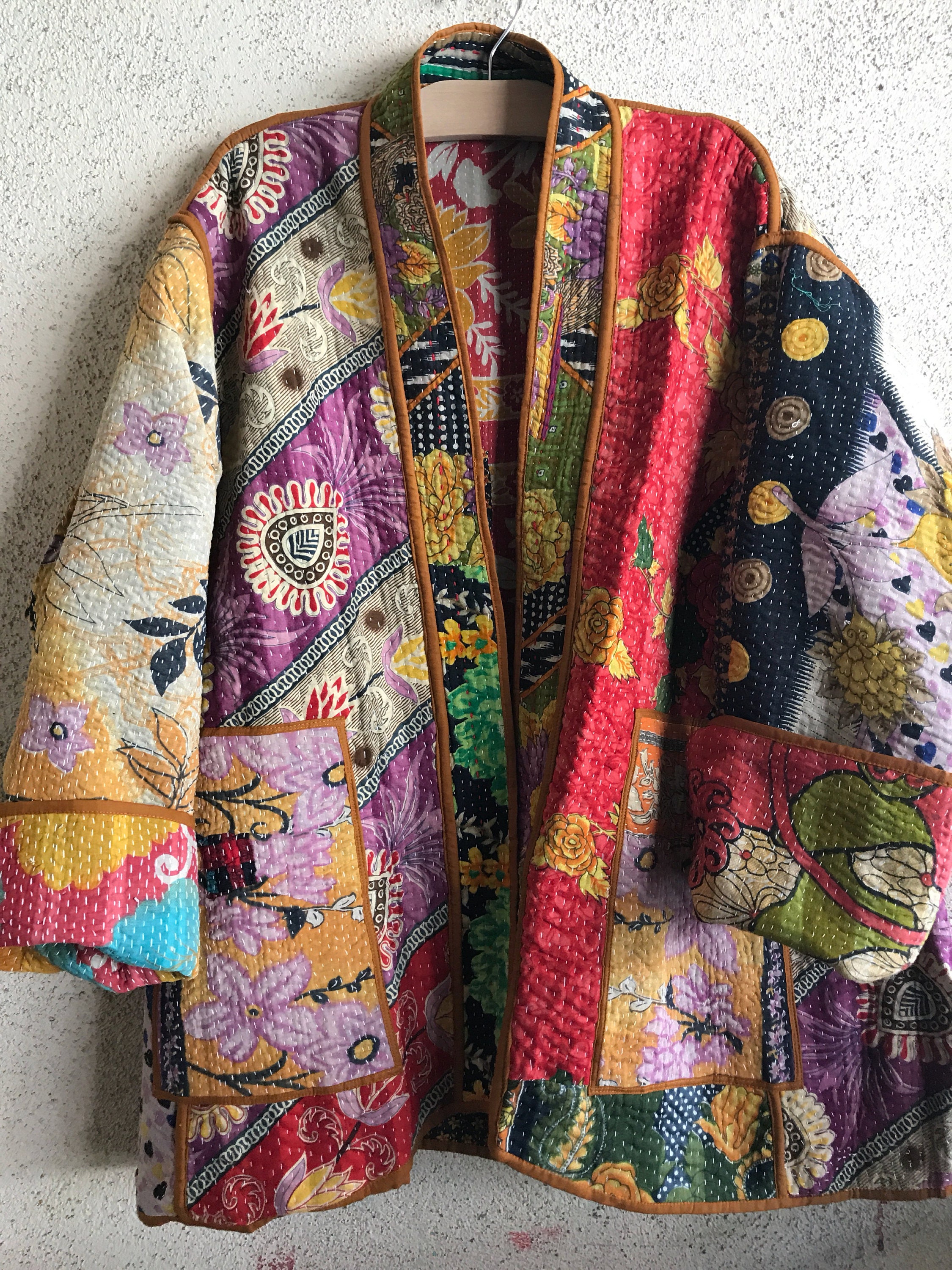 Colorful reversible plus size cotton kantha kimono