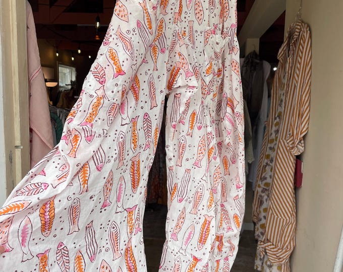 Fish block print cotton voile lagenlook pant