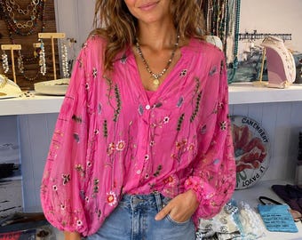 Embroidered fuchsia silk oversized button down