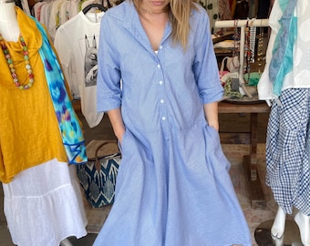 Blue mini check cotton simple uncomplicated housedress with pockets