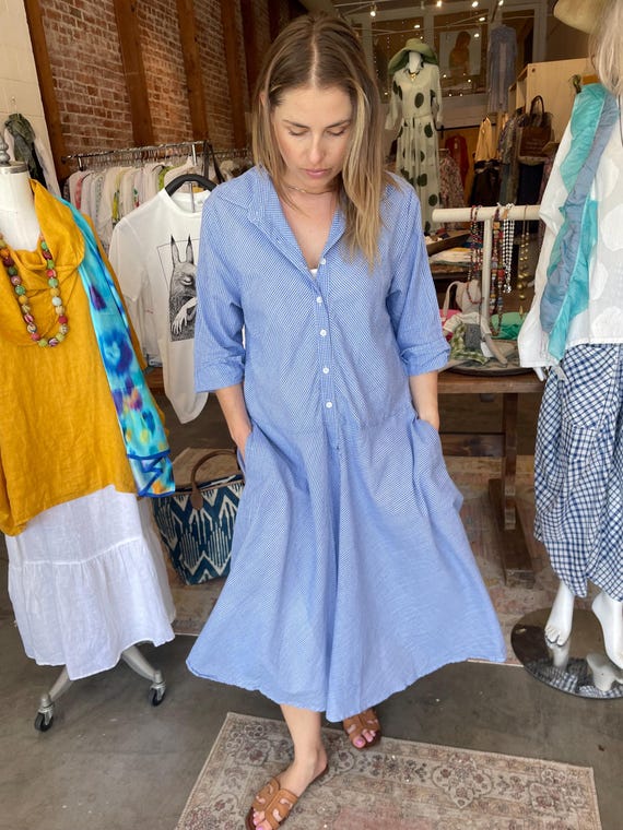 Blue mini check cotton simple uncomplicated housedress with pockets