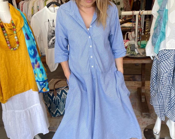 Blue mini check cotton simple uncomplicated housedress with pockets