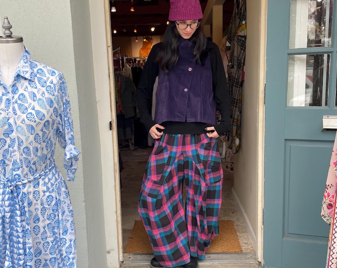 pink and blue and purple flannel plaid soft  cotton lagenlook pant