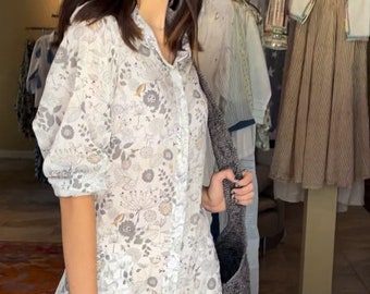 Grey  floral cotton voile button down shirtdress/duster