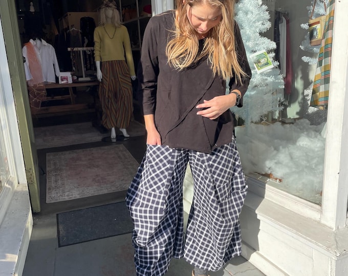 Navy plaid cotton funky pants