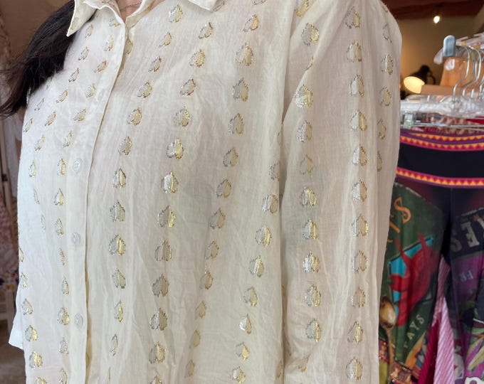 White cotton with gold lurex hearts button down cropped shirt