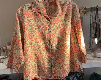 Cotton voile floral  block print cropped button down shirt