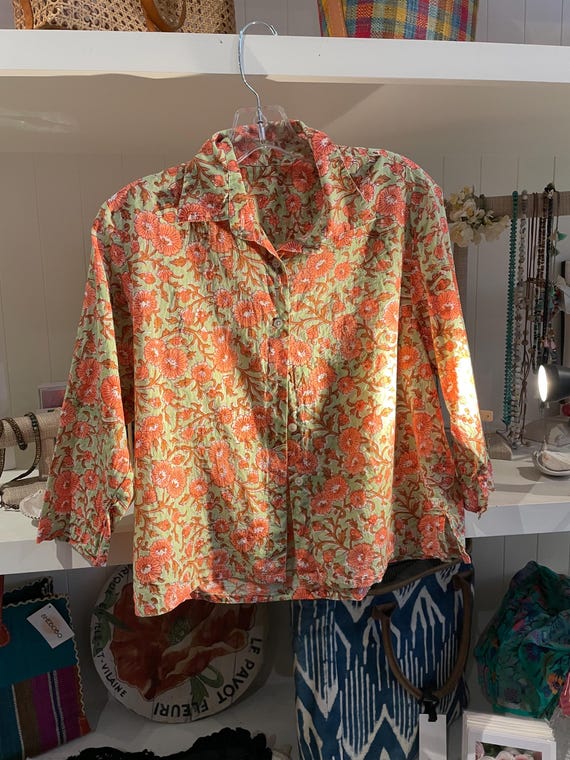 Cotton voile floral  block print cropped button down shirt