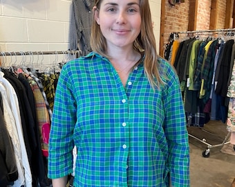 Reversible blue /green cropped button down shirt
