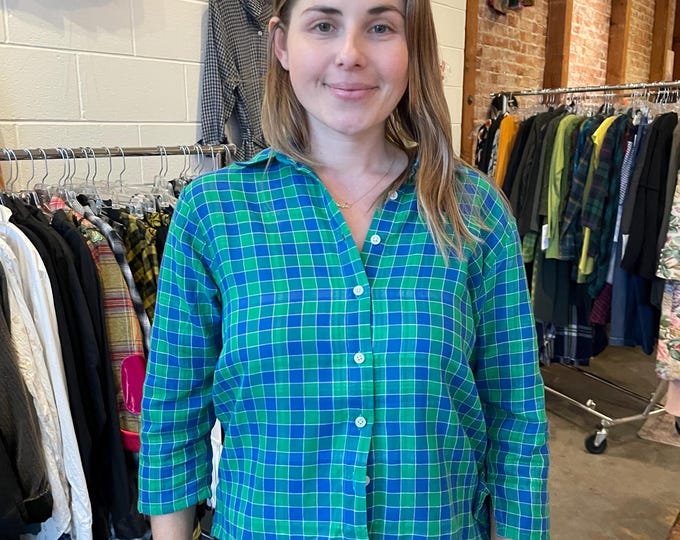 Reversible blue /green cropped button down shirt