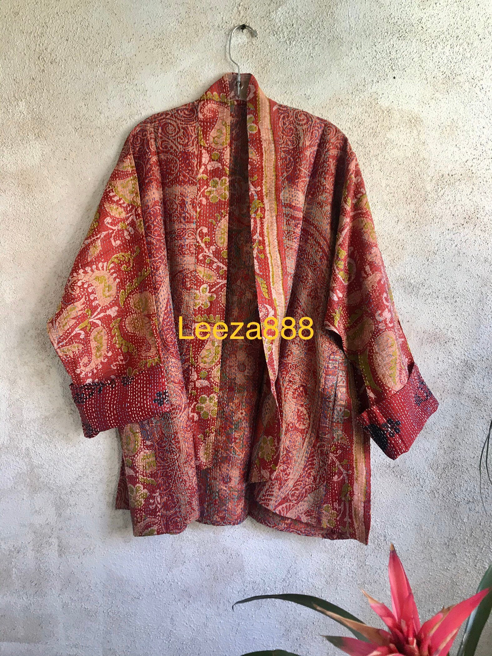 Floral Fusion kantha plus size reversible kimono jacket