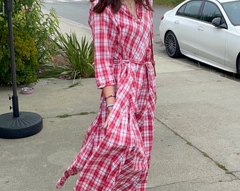 8 gore dress with pockets in red plaid cotton