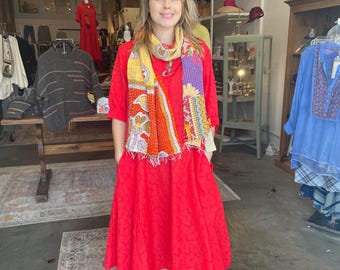 Red cotton schiffli housedress