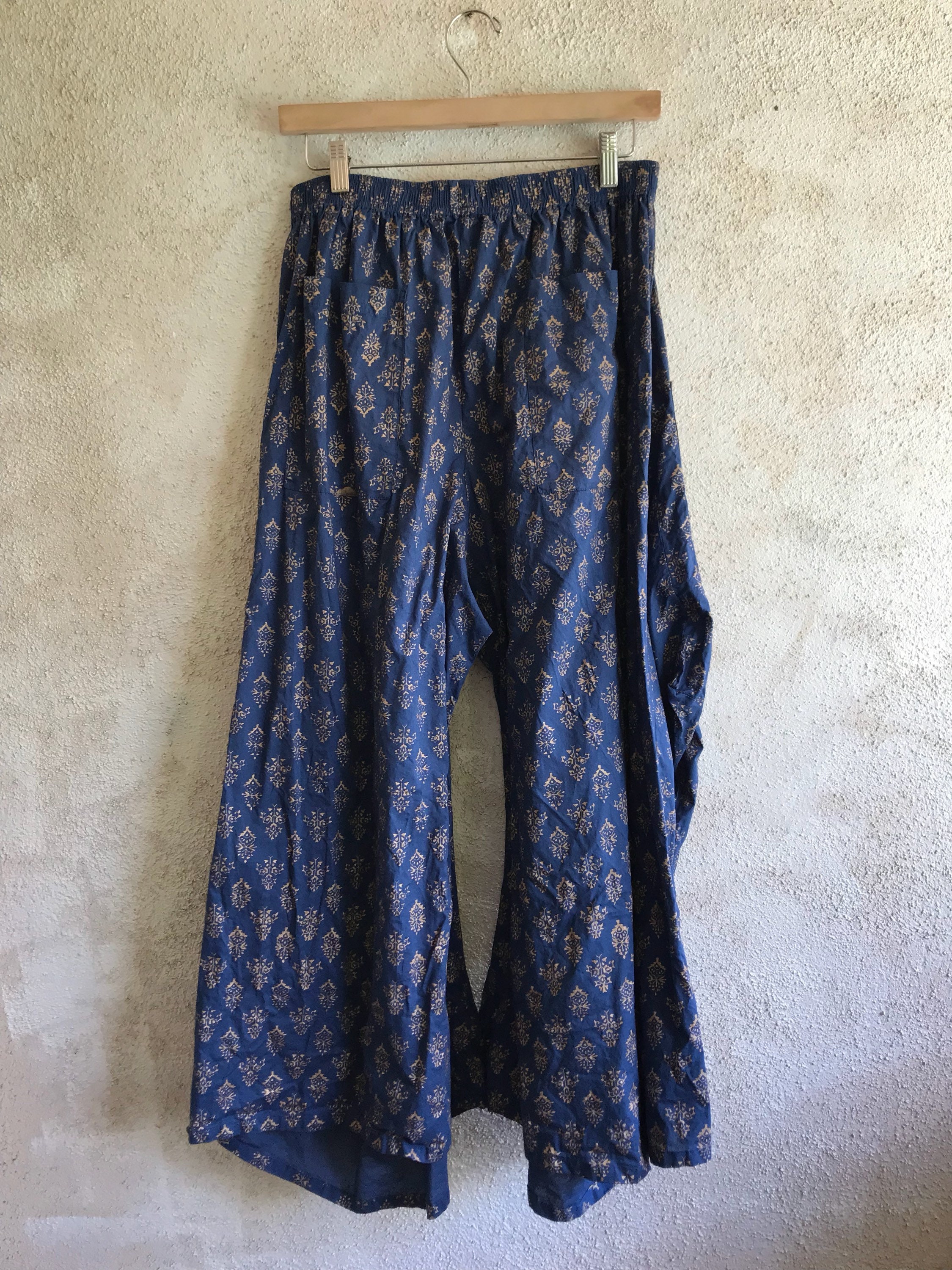 Navy cotton block print one size lagenlook pant