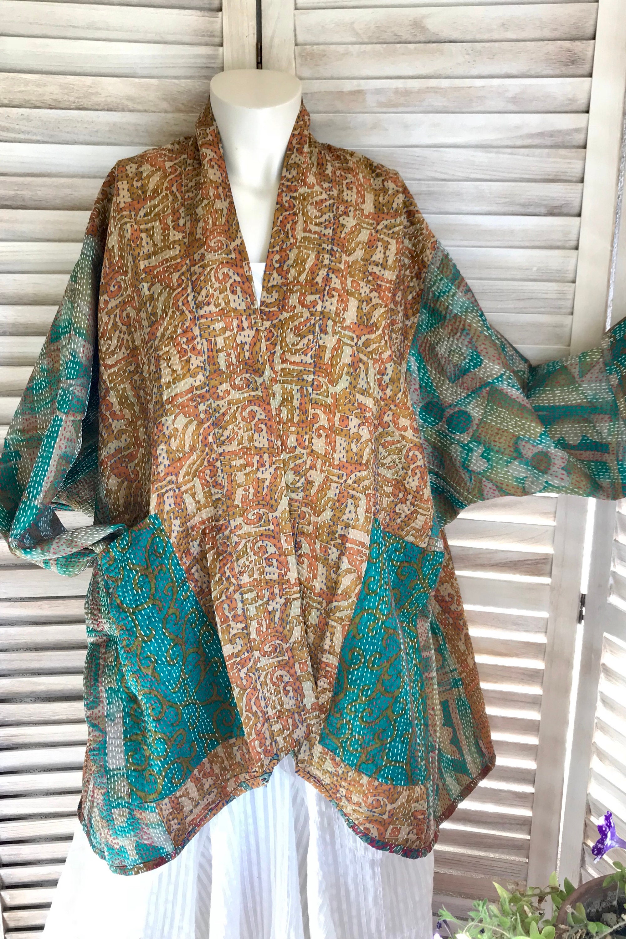 Plus size reversible silk kantha kimono in rustic seaglass colors