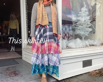 Flannel layered raw edge skirt in mixed print colors