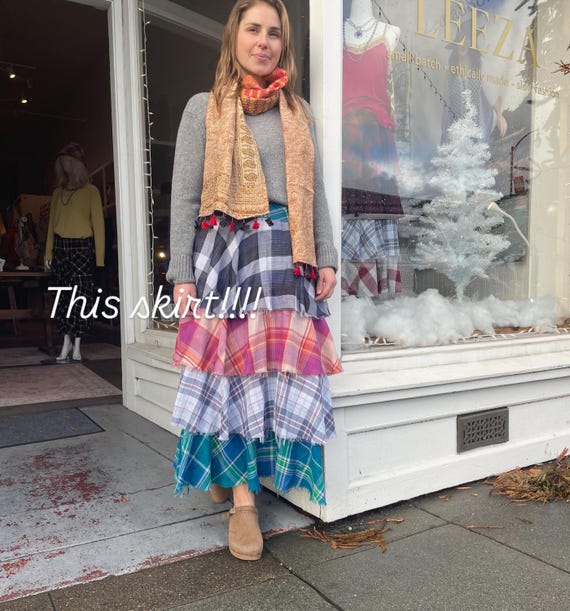 Flannel layered raw edge skirt in mixed print colors