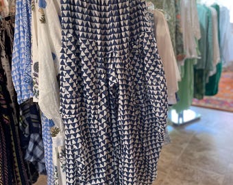 Navy triangle block print cotton  lagenlook pant