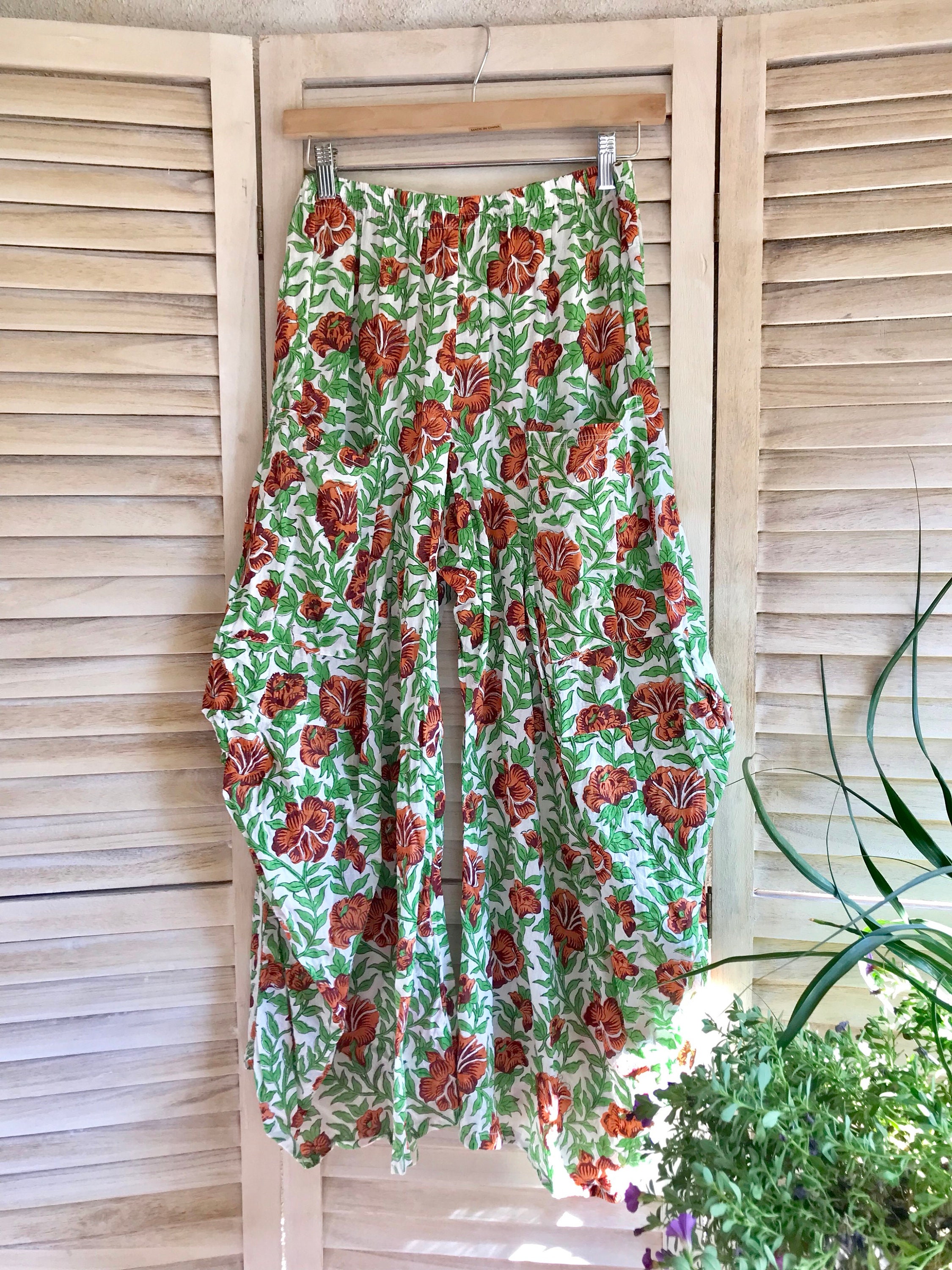 Green floral size small cotton voile lagenlook pant