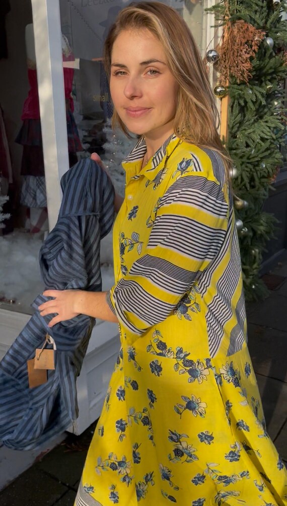 Yellow and navy floral housedress