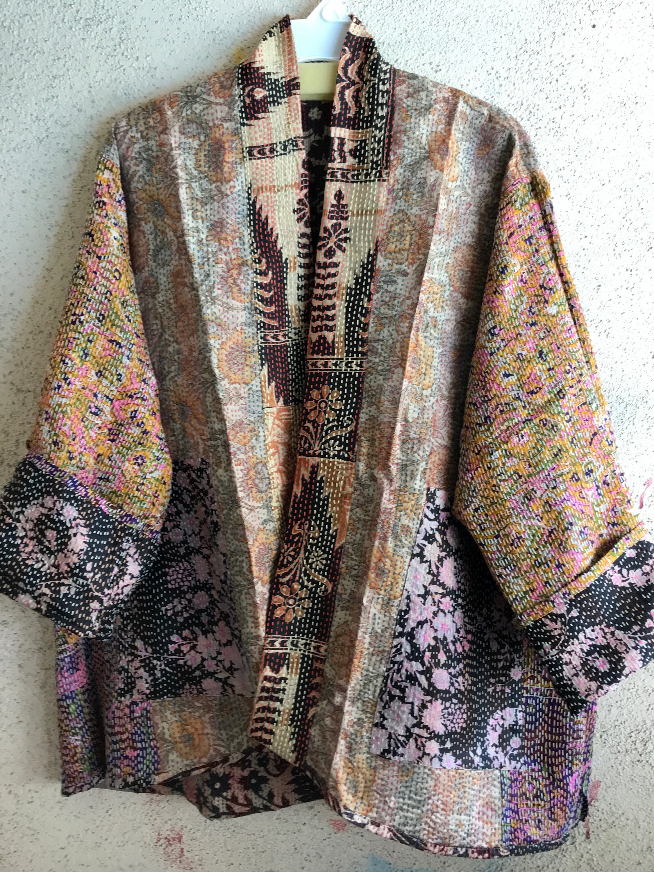 Magnificent silk kantha reversible kimono in plus size