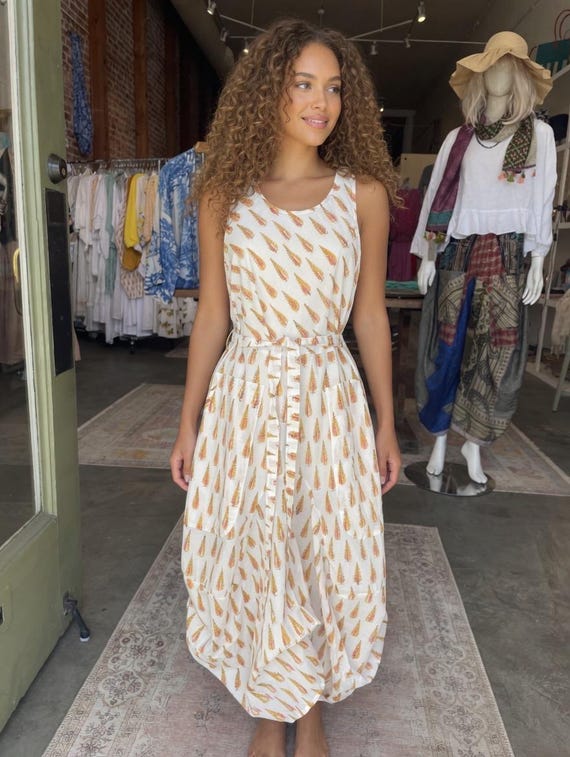 Sleeveless gold feather  blockprint funky dress