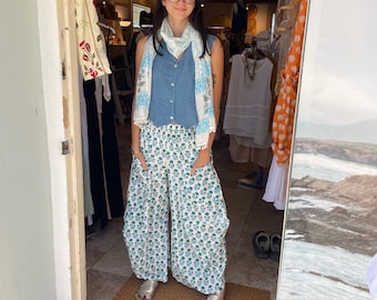 White with turquoise Floral block print cotton  lagenlook pant