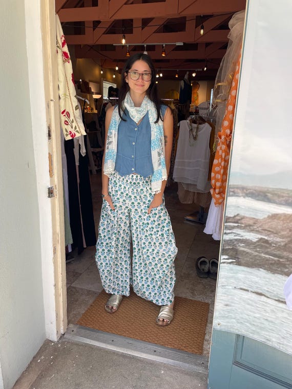 White with turquoise Floral block print cotton  lagenlook pant