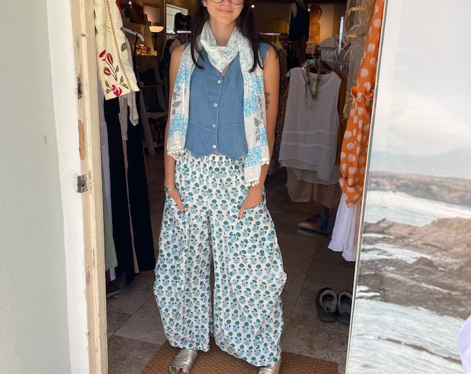 White with turquoise Floral block print cotton  lagenlook pant