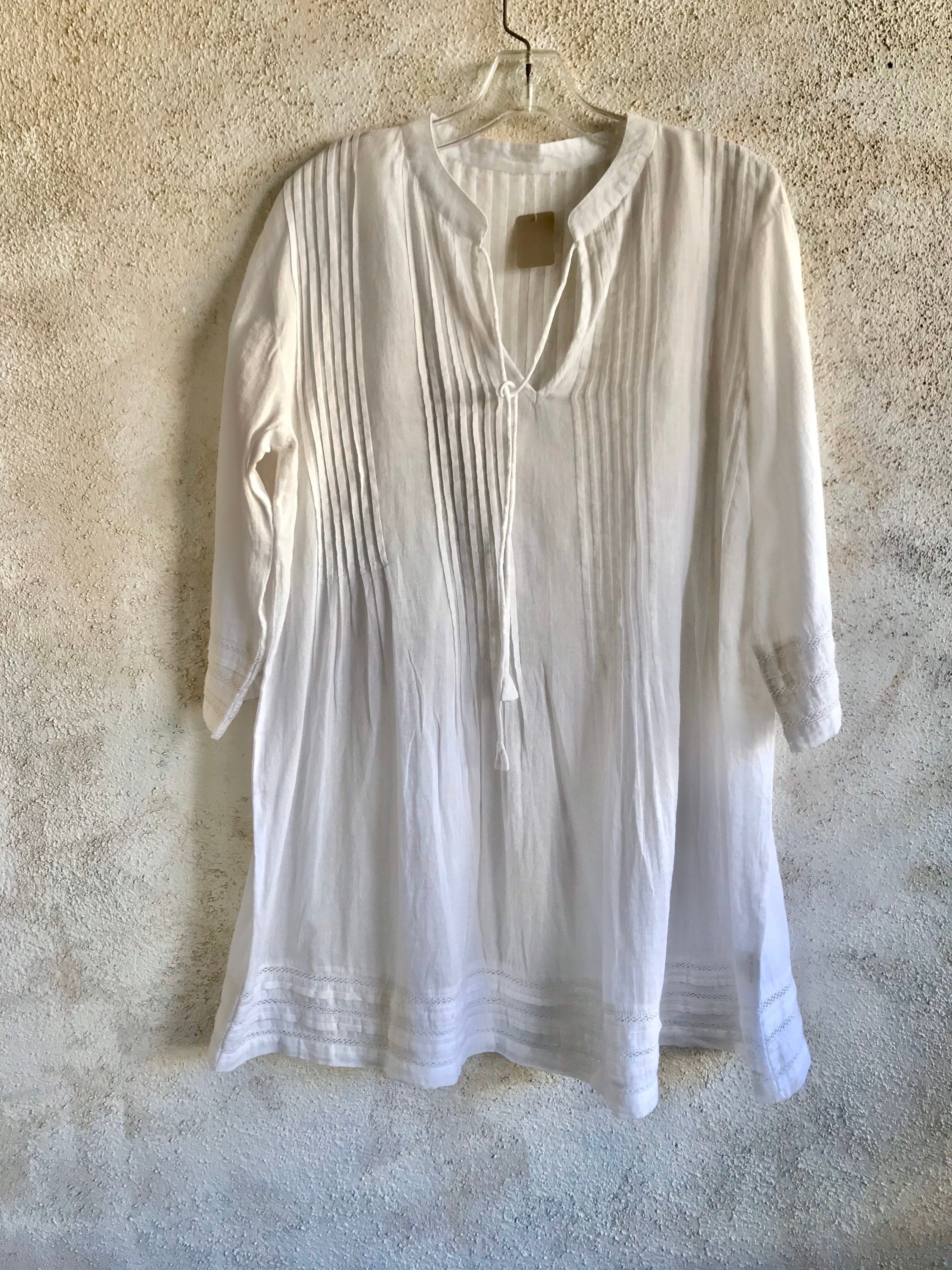 Pintuck semi sheer white cotton voile tunic